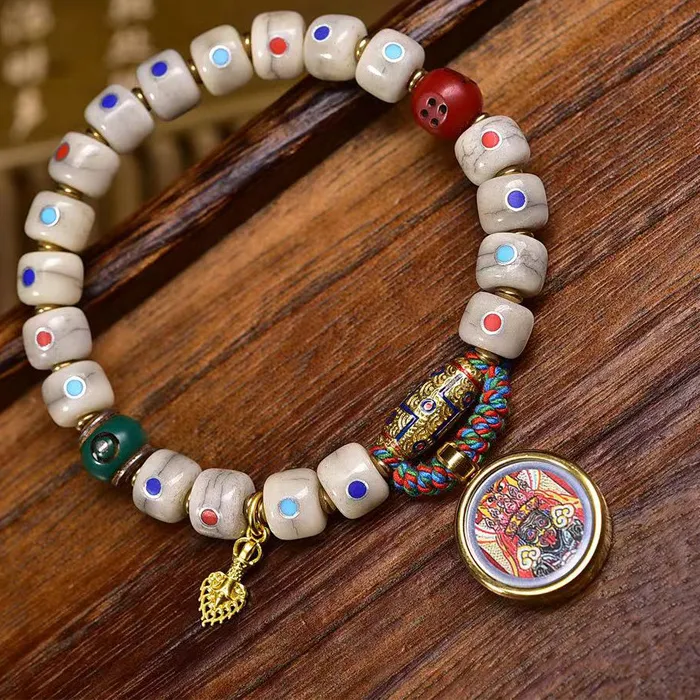 Authentic Backflow Bone Multi-Treasure Inlaid Bead Single Circle Green Tara Pendant Cultural Bracelet