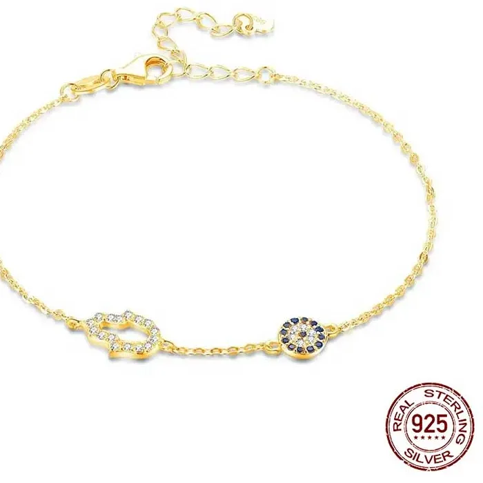 Authentic Kaletine 925 Sterling Silver Link Chain Bracelets For Women Hamsa Hand Evil Eye Charm Bracelet Turkish Rose Gold Jewelry