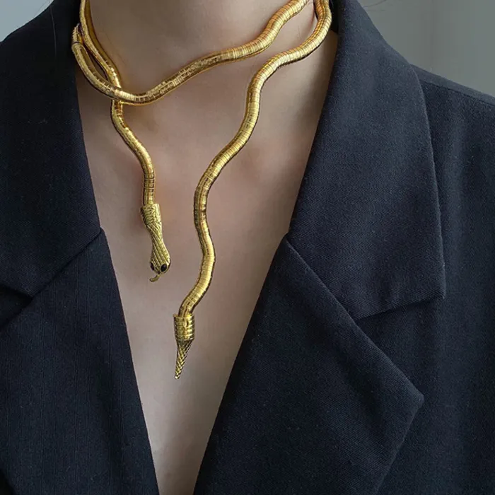 Authentic Vintage Multilayer Alloy Metal Gold Color Chain Snake Necklace for Women Men Punk Statement Necklace Fashion Collar