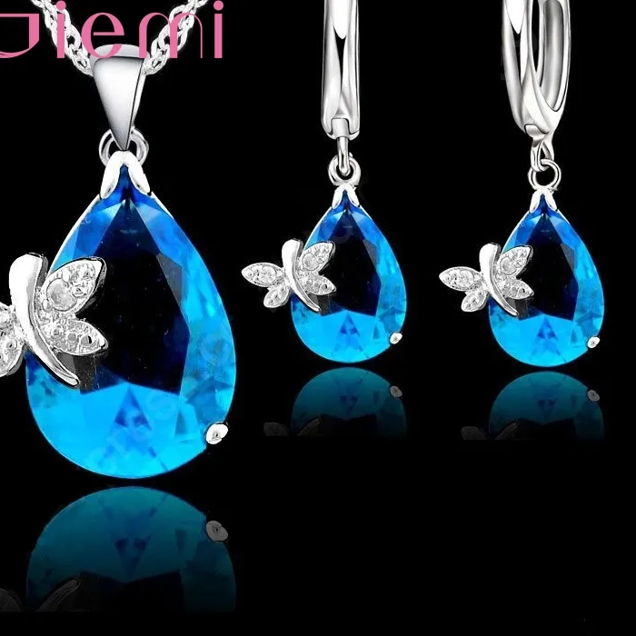 Authentic 90% Off! Original 925 Sterling Silver Jewelry Set Blue Water Drop Cubic Zirconia CZ Dragonfly Necklace Earring Wedding Accessory