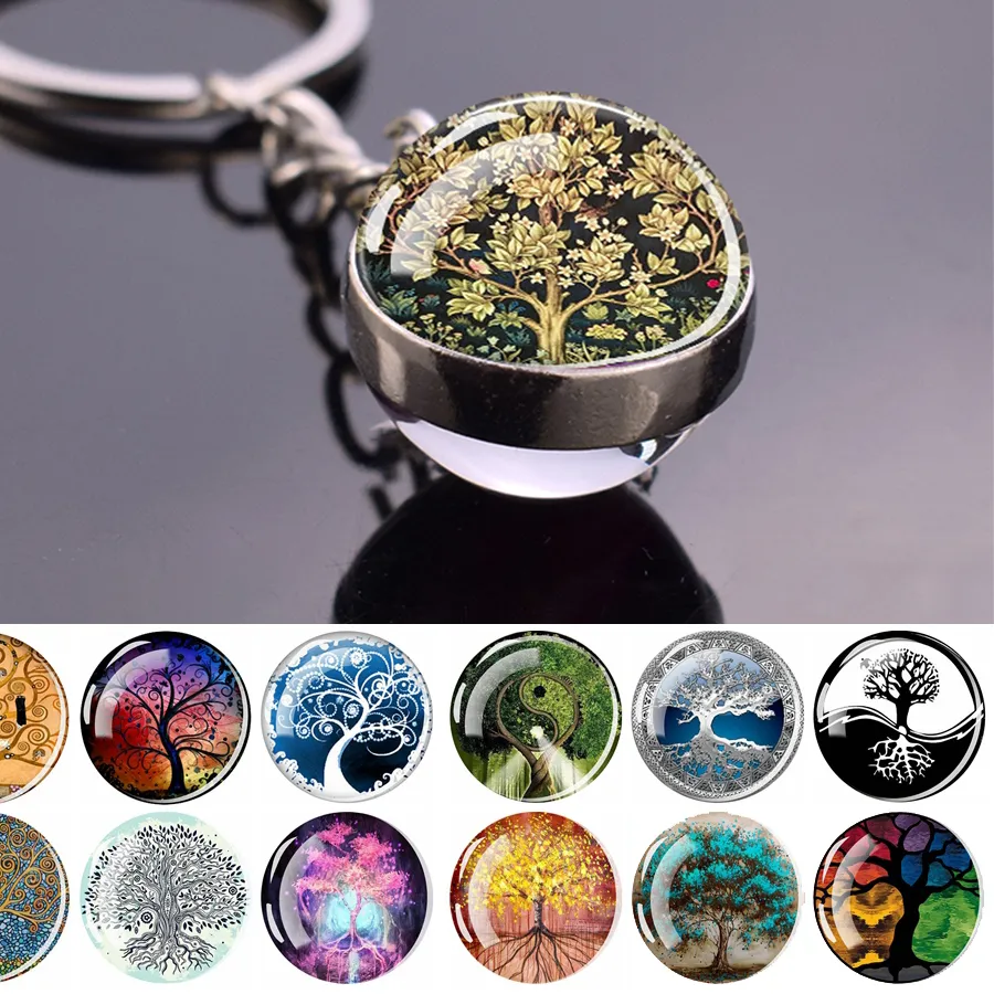 Authentic Tree Of Life Keychains Yin Yang Aurora Life Tree Key Chains Double- Sided Glass Ball Pendant Keyring Jewelry