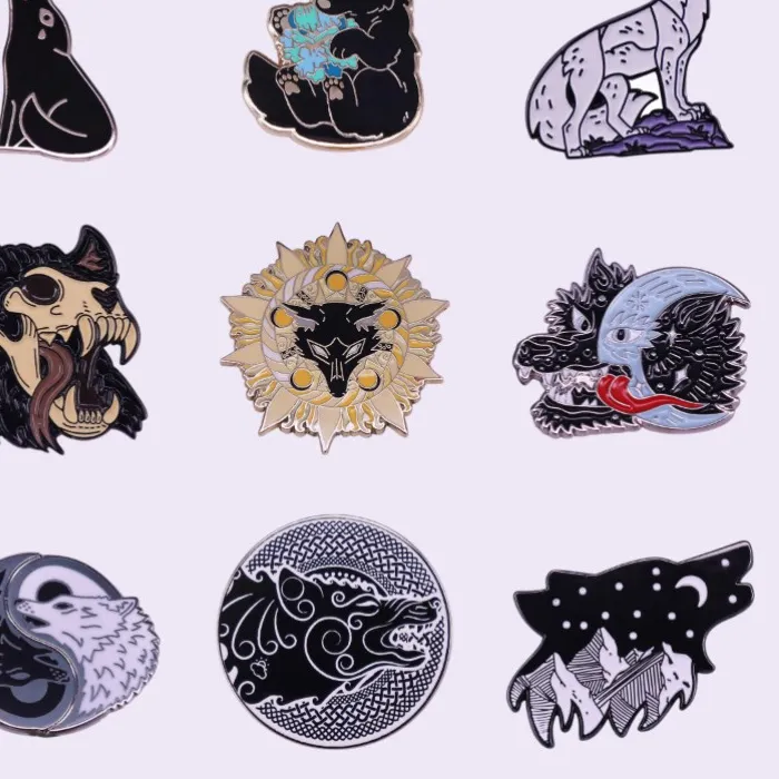 Authentic Wolf Enamel Lapel Pins Nature Savage Animals Yin Yang Badge Star Black Gothic Metal Bag Brooch Jewelry for Boy