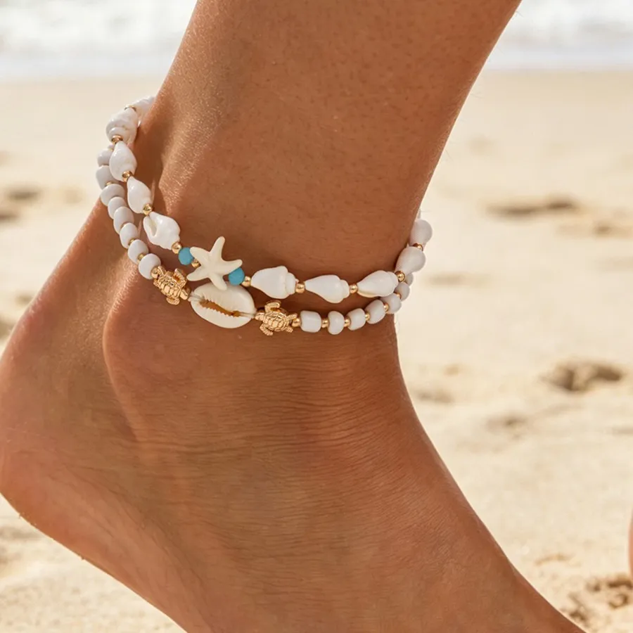 Authentic 2 Pcs Boho Ocean Cowrie Shell Starfish Turtle Charm Blue Stone Bead Double Layer Anklet Set for Women Summer Beach Jewelry