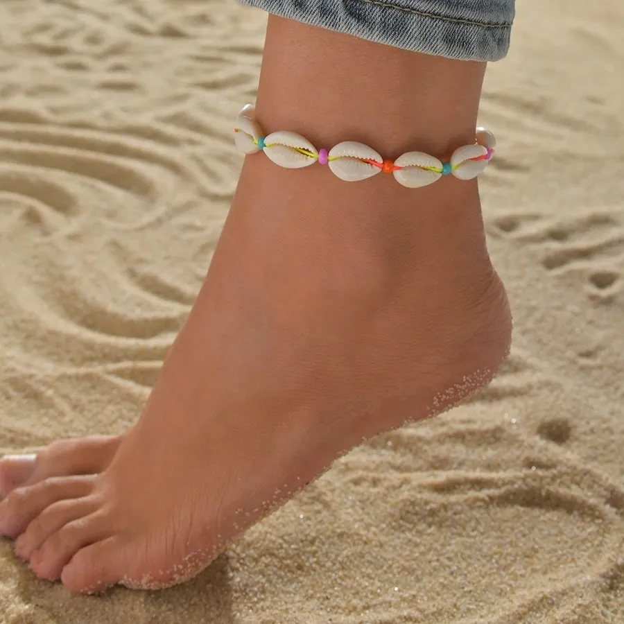 Authentic Trendy Minimalist Hand-woven Colorful Cord Natural Cowrie Shell Adjustable Single Anklets for Women Bohemian Beach Walk Jewelry
