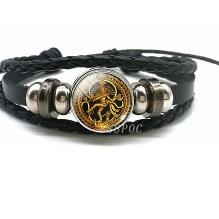 Authentic Buddhist Bracelet Statue of Dancing Shiva Nataraja Glass Cabochon Buckle Charm Black Leather Bracelet Jewelry for Friend