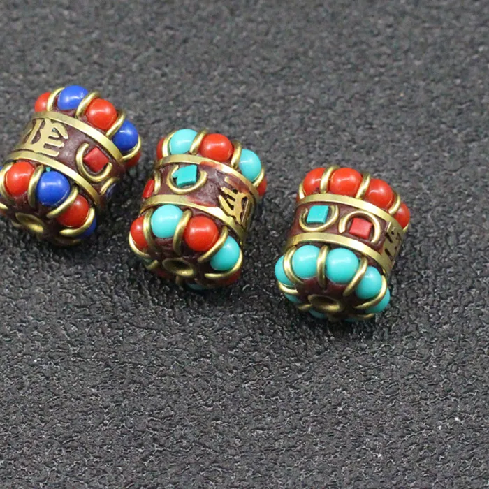 Authentic 1pcs Nepalese Buddhist Handmade Flat Cylinder 14x12mm Tibetan Metal & Clay Loose Craft Beads For Jewelry Making DIY
