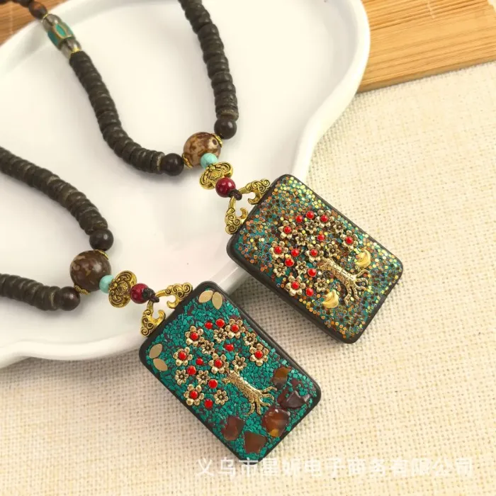 Authentic Tibetan Thangka Amulet Pendant Necklace Purple Sandalwood Ethnic Jewelry Adjustable Chain Money Symbol Boho Style
