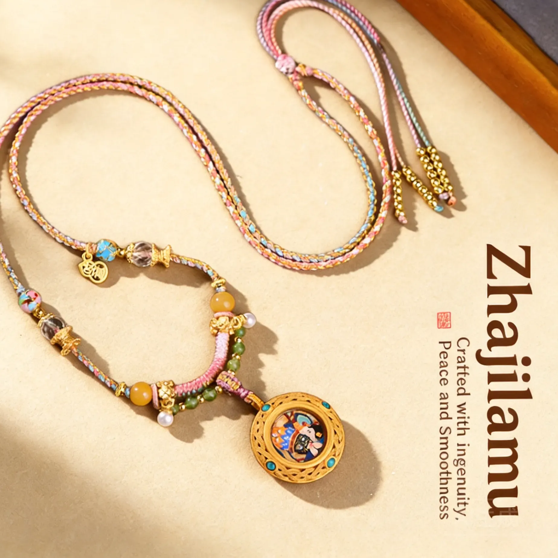 Authentic Tibetan Style Minimalist Thangka Zhajiram Pendant Necklace Rope Ethnic Chinese Style Hand Braided Adjustable Neck Cord For