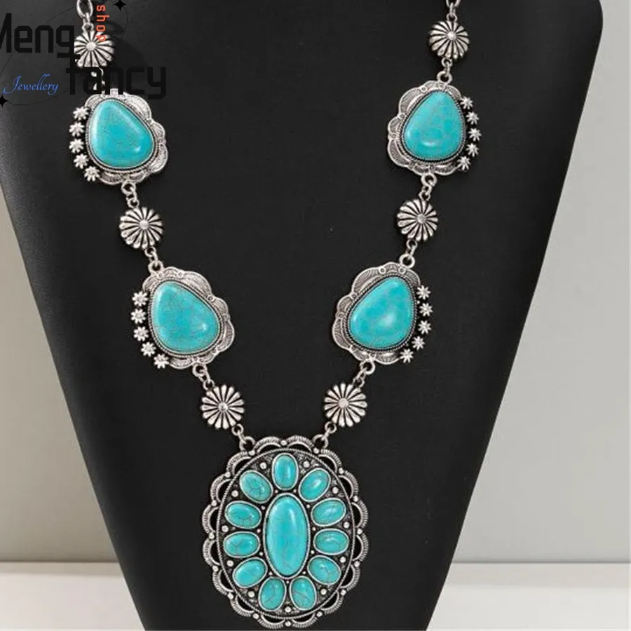 Authentic Natural Tibetan Silver Inlay Retro Turquoise Necklace Pendant Earrings Western Style Exaggerated High-grade Fine Jewelry