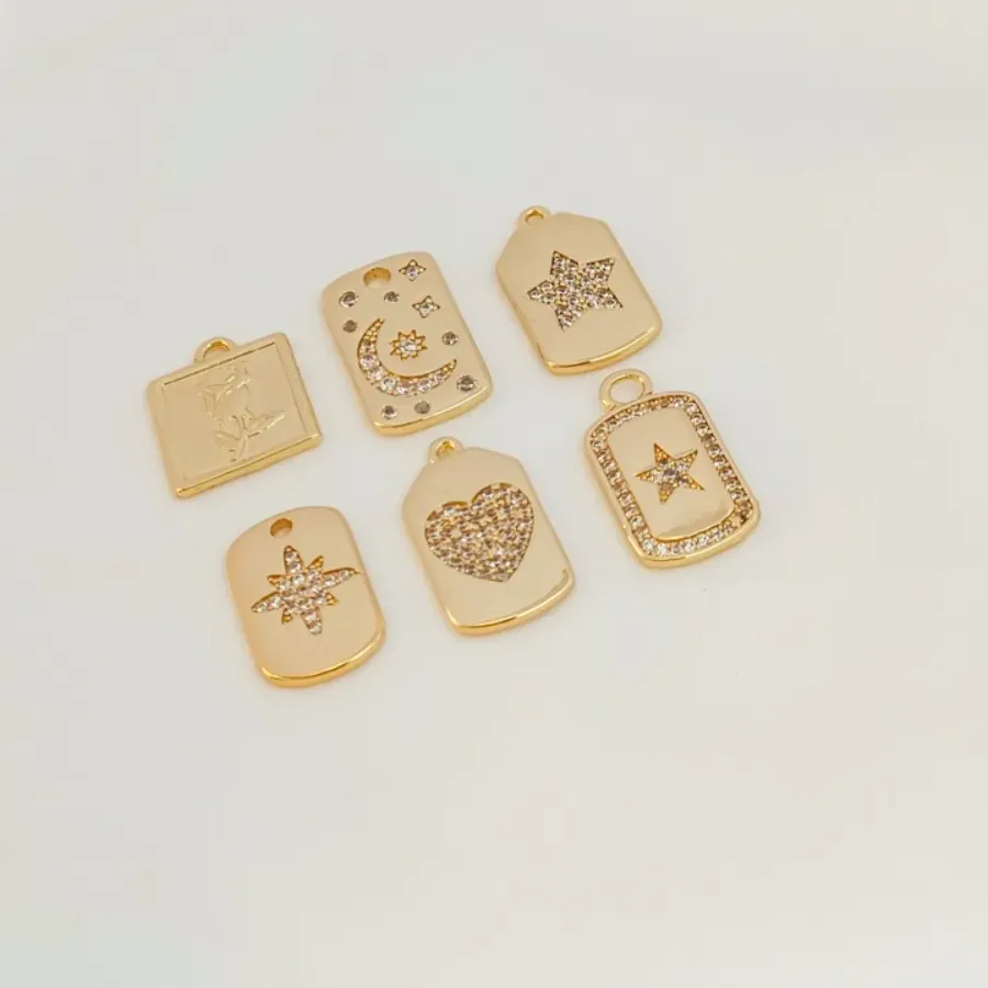 Authentic 14K Gold-plated Smooth Surface Zirconium-inlaid Rectangular Pendant with Crescent, Hexagram, Five-pointed Star, Heart and Rose