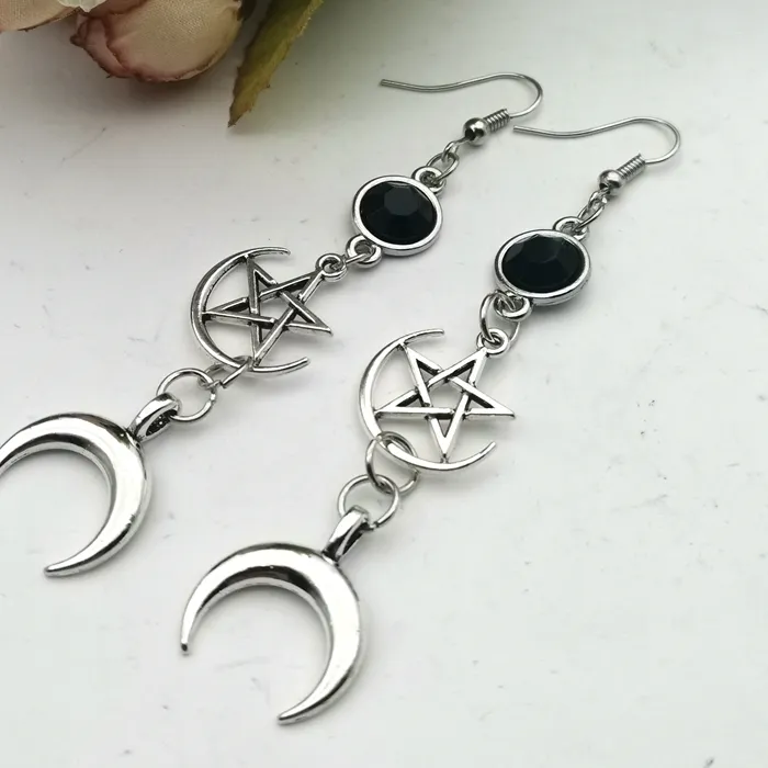 Authentic Celestial Sentinel Crescent & Pentagram Gold- Plated Earrings Of Ancient Protection
