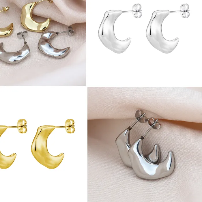 Authentic Fashionable C-Shaped Crescent Minimalist Stainless Steel Thin Needle Plug Earrings - Trendy Jewelry Accessory