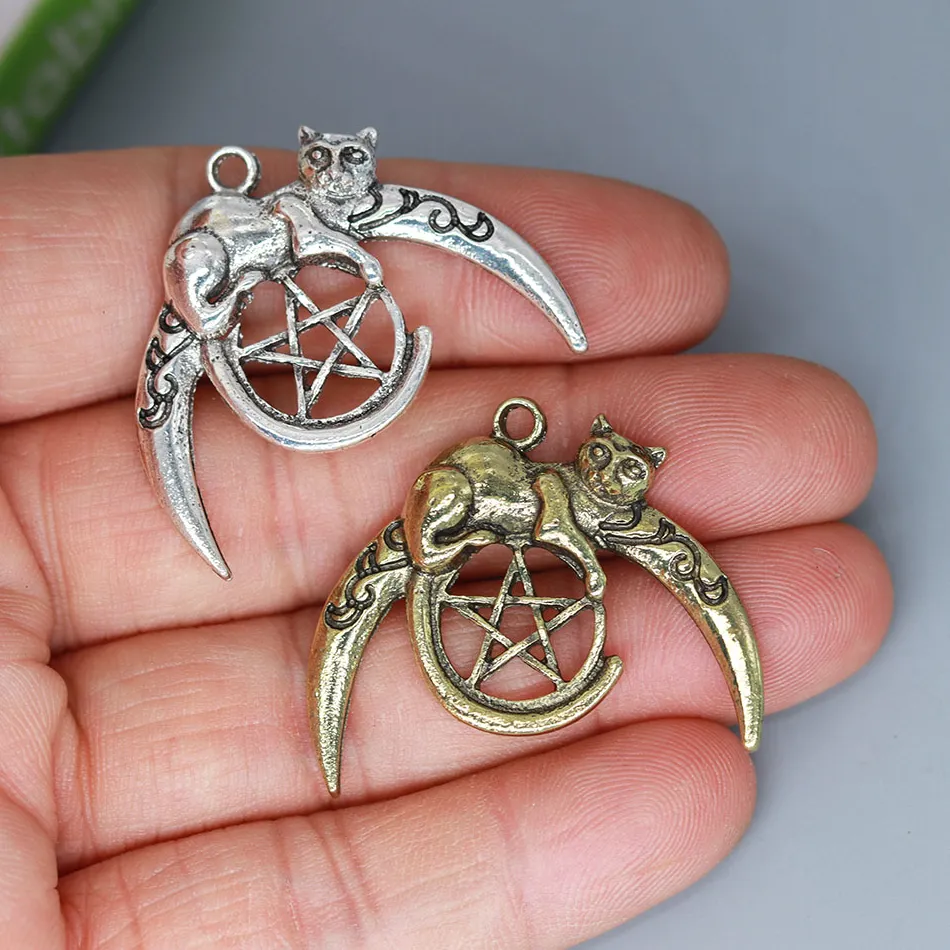 Authentic 3Pcs/lot Crescent Moon Cat Pentagram Charm Pendant For DIY Necklace Handmade Jewelry Making