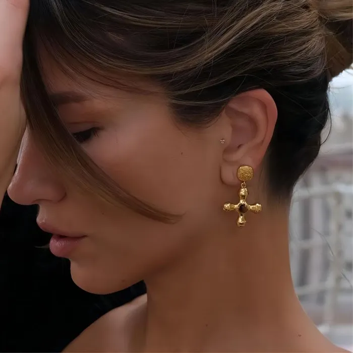 Authentic Golden Horizon Cross Dangle Earrings in 18K Gold-Plated Stainless Steel with Tiger Eye
