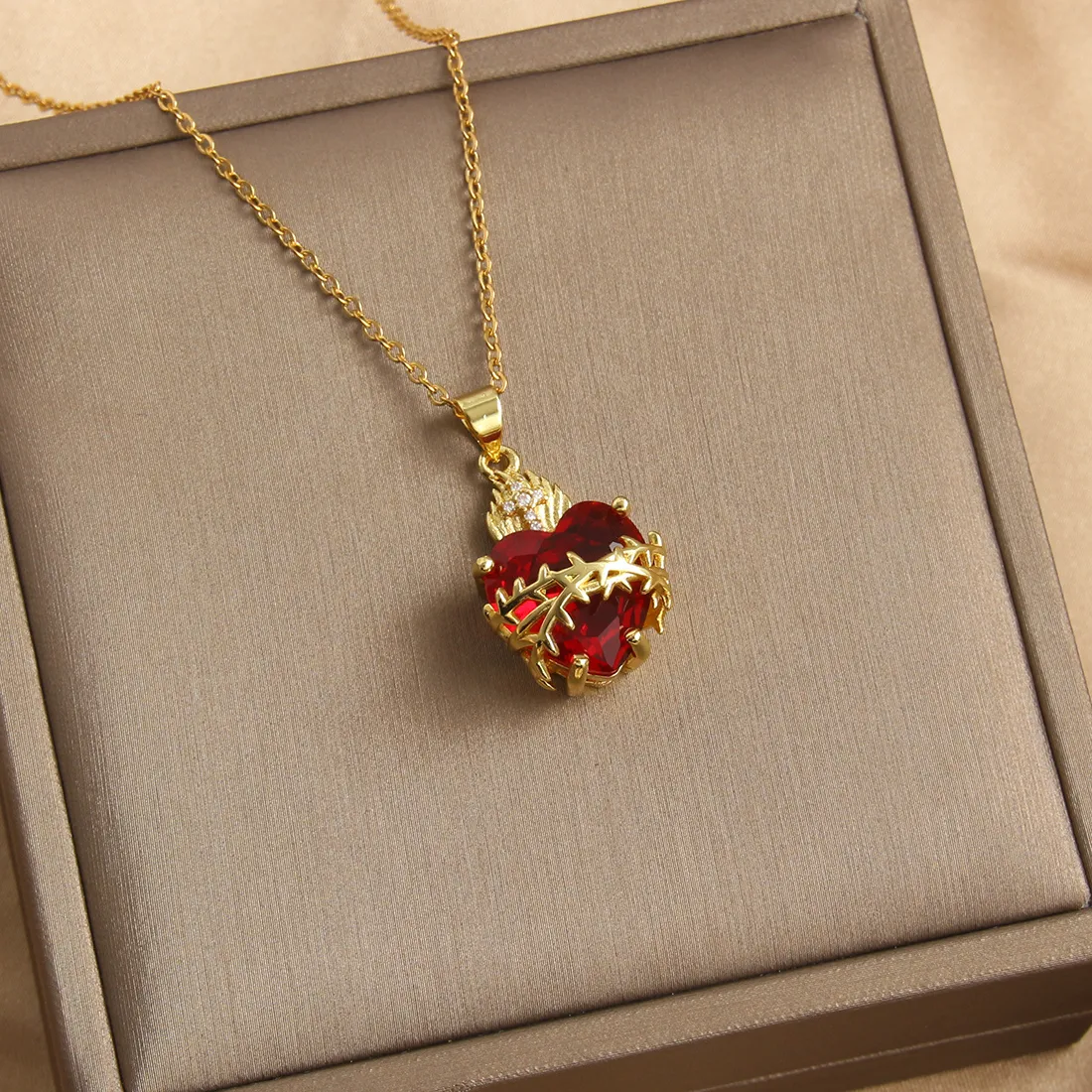 Authentic SUNSLL Sacred Red Heart Cross Cubic Zircon Pendants Necklaces Luxury Women Gold Plated Romantic Love Anniversary Jewelry Gifts