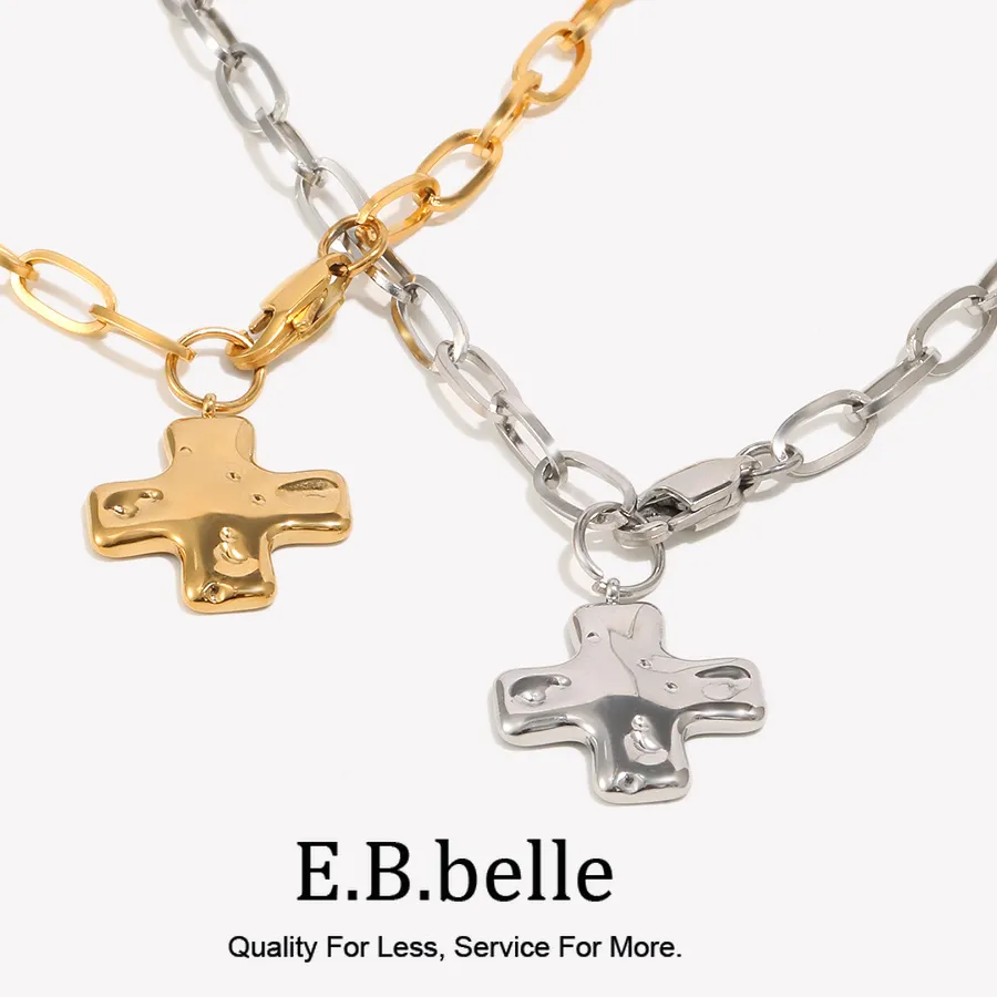 Authentic E.B.belle Wide Textured Polished Cross Pendant Women's Necklaces 18K Gold Plated Stainless Steel Chain Fashion Women Necklace