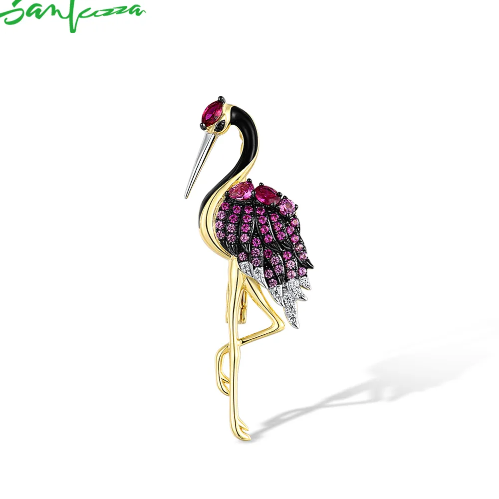 Authentic SANTUZZA Pure 925 Sterling Silver Brooch for Women Created Pink Sapphire Ruby Flamingo Bird Animal Delicate Fine Jewelry