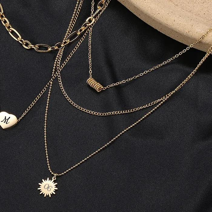 Authentic Treebud Customized Letter Patterns Multi-layer Heart Sun Pendant Engrave Necklace for Women Girls Choker Jewelry