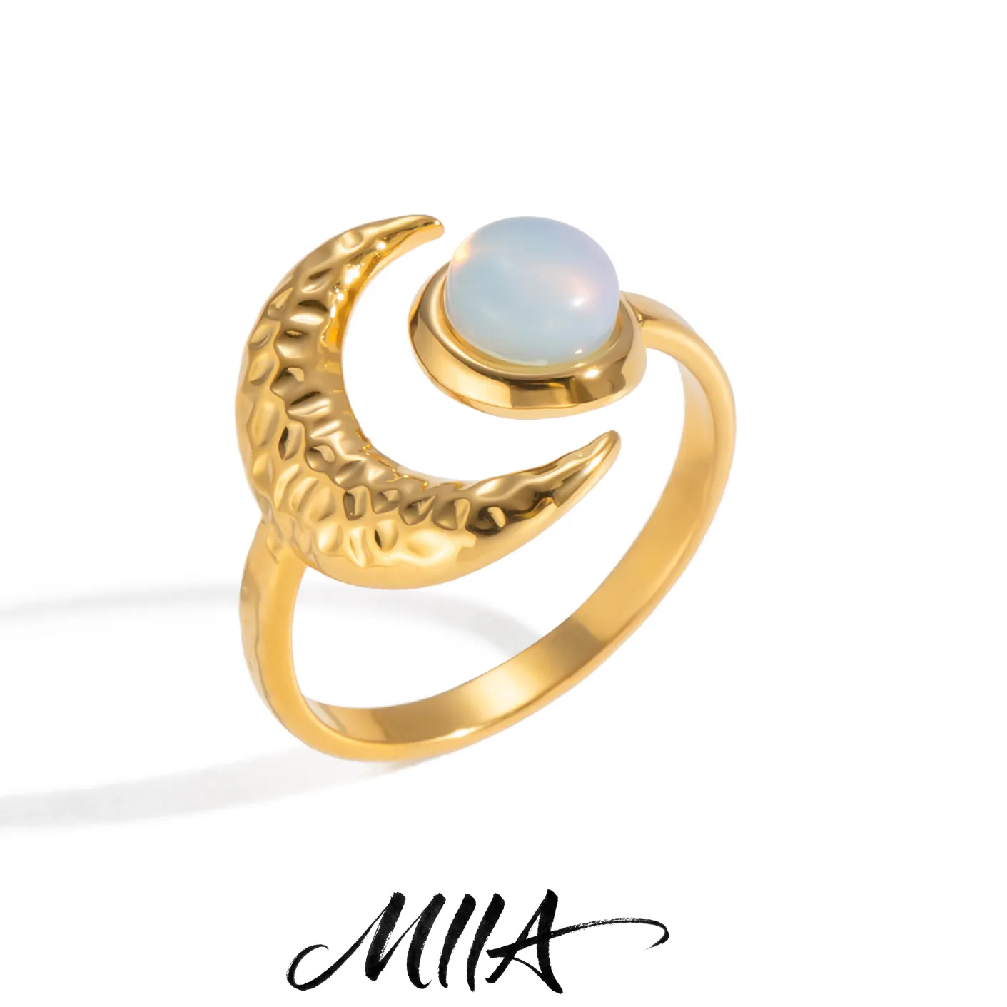 Authentic Celestial Opal Moon Ring – 18K Gold‑Plated Whisper of the Night