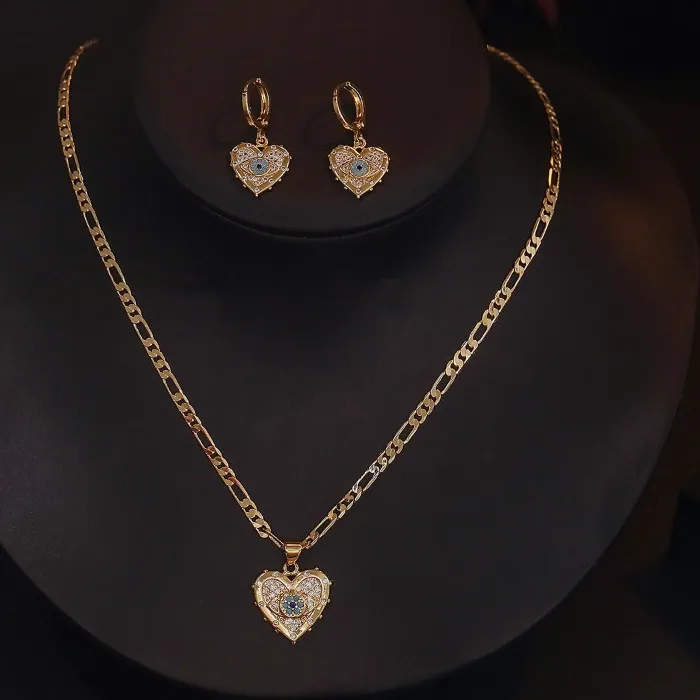 Authentic Gold Evil Eye Heart Jewelry Set Rhinestone Pendant Necklace And Earrings Chunky Chain Lucky Protection Amulet Gift