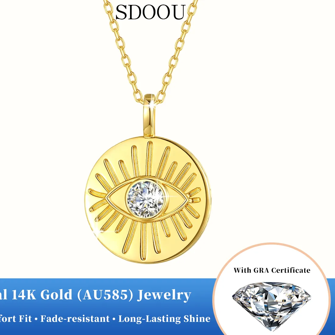 Authentic SDOOU Lucky 0.5ct Moissanite Round Coin Evil Eye Pendant 14K Gold AU585 Heart Pendant Hollow Design Party Jewelry Gift For Her