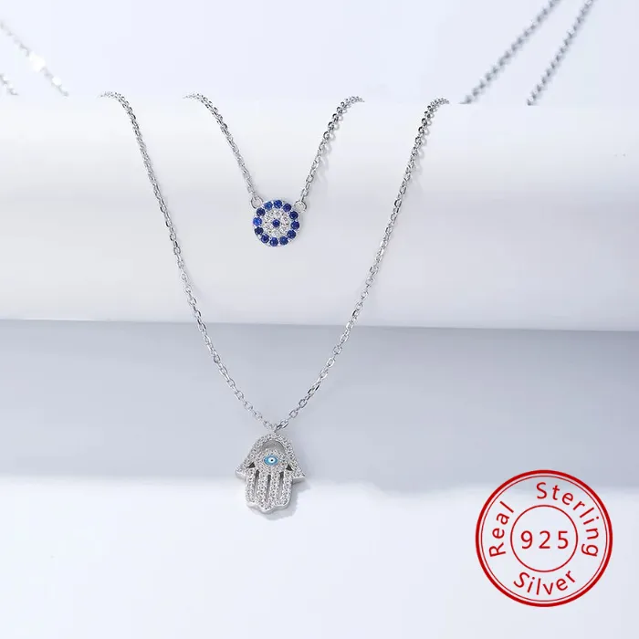 Authentic 925 Sterling Silver 14K Gold Plated Double Layer Hamsa Hand Evil Eye Pendant Necklace Women Pave CZ Protection Lucky Jewelry