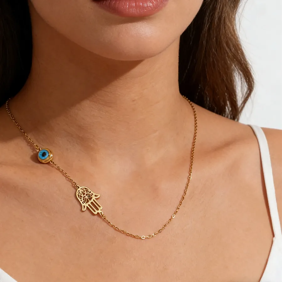 Authentic Skyrim Blue Evil Eye Hamsa Fatima Hand Pendant Necklace Stainless Steel Gold Color Chains Amulet Lucky Jewelry Gift for Women