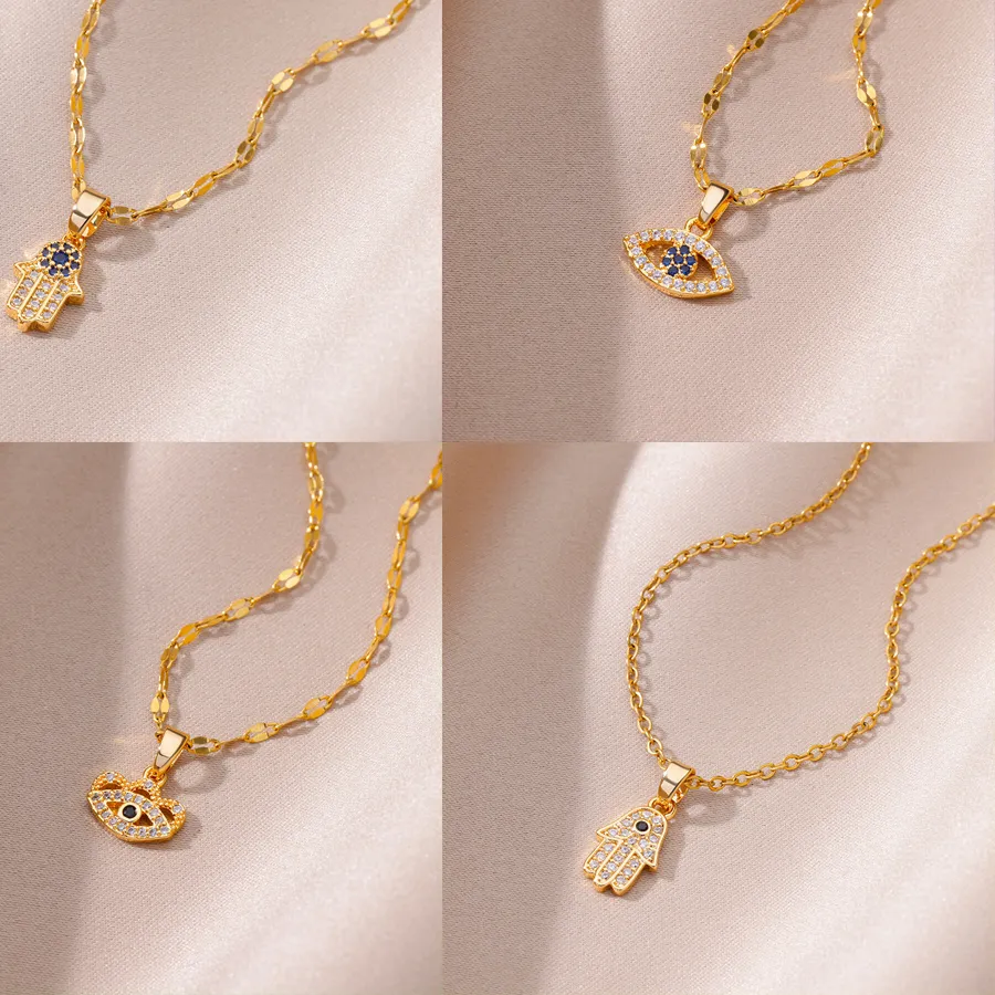 Authentic Lip Chain Necklaces for Women Fatima Hand Evil Eye Pendant Necklace Gold Color Turkish Lucky Stainless Steel Jewelry collar