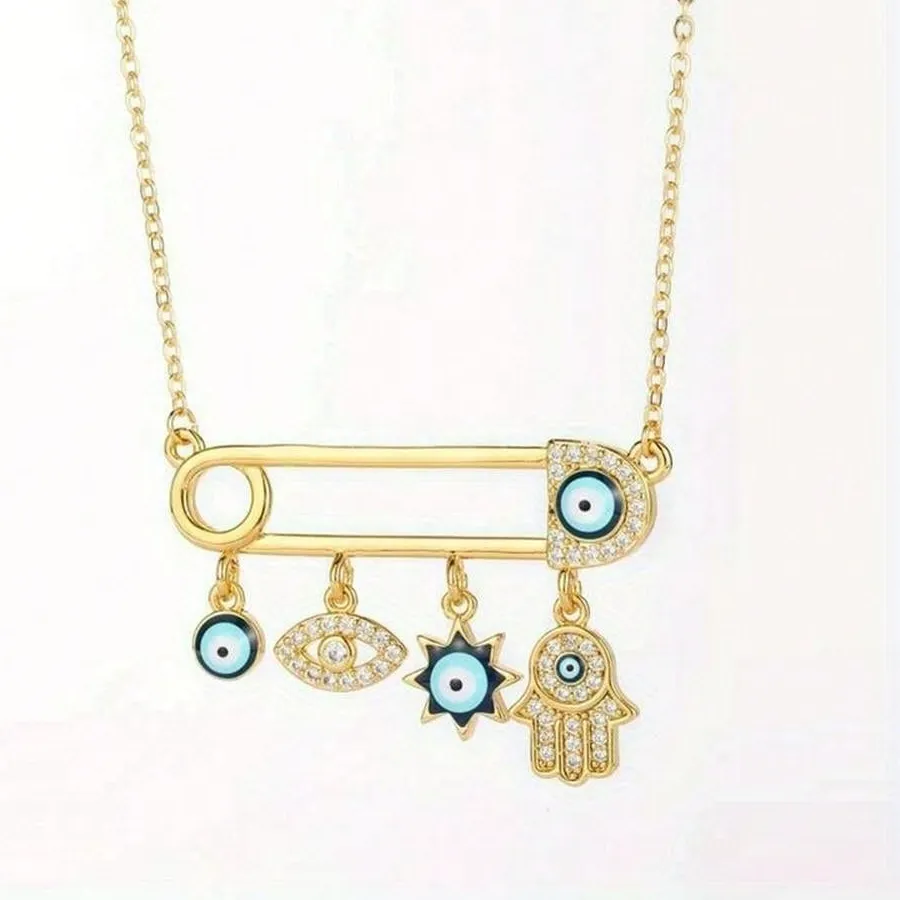 Authentic 18K Gold Plated Evil Eye Rhinestone Hamsa Hand And Safety Pin Pendant Lucky Necklace, Mexican Neck Jewelry For Women