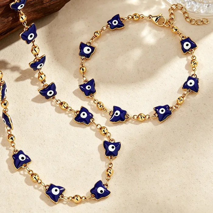 Authentic Fashion Blue Enamel Evil Eye Bracelet Necklace Gold Plated Stainless Steel Lucky Protection Jewelry Set Chic Bohemian Gifts