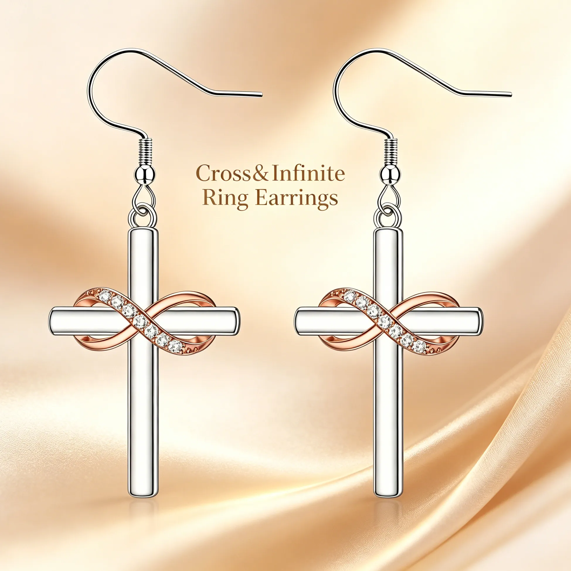 Authentic Cross Infinity Dangle Earrings Two Tone Silver Rose Gold Religious Faith Forever Love Symbol Women Casual Daily Faith Jewelry