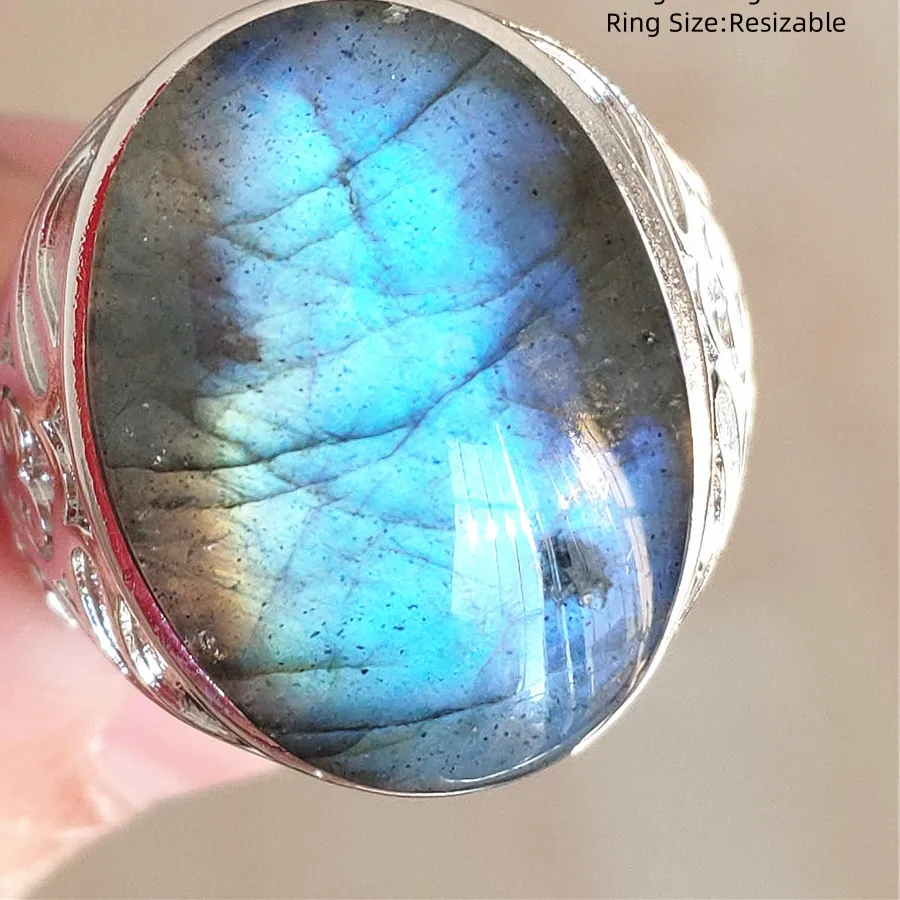 Authentic Labradorite's Celestial Dance: A Ring of Endless Blue Horizons