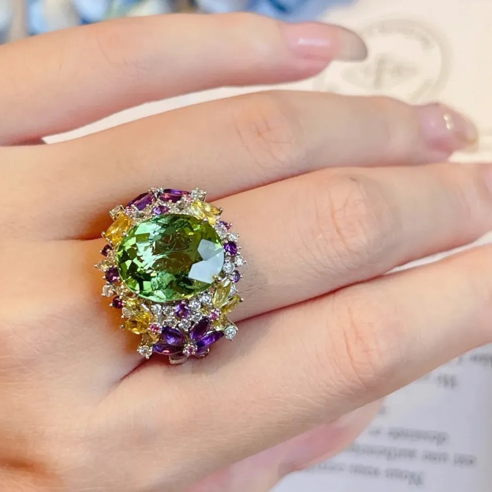 Authentic Bohemia Colored Gemstone Adjustable Ring 925 Sterling Silver Flower Open Ring for Women Wedding Engagement Birthday Jewelry