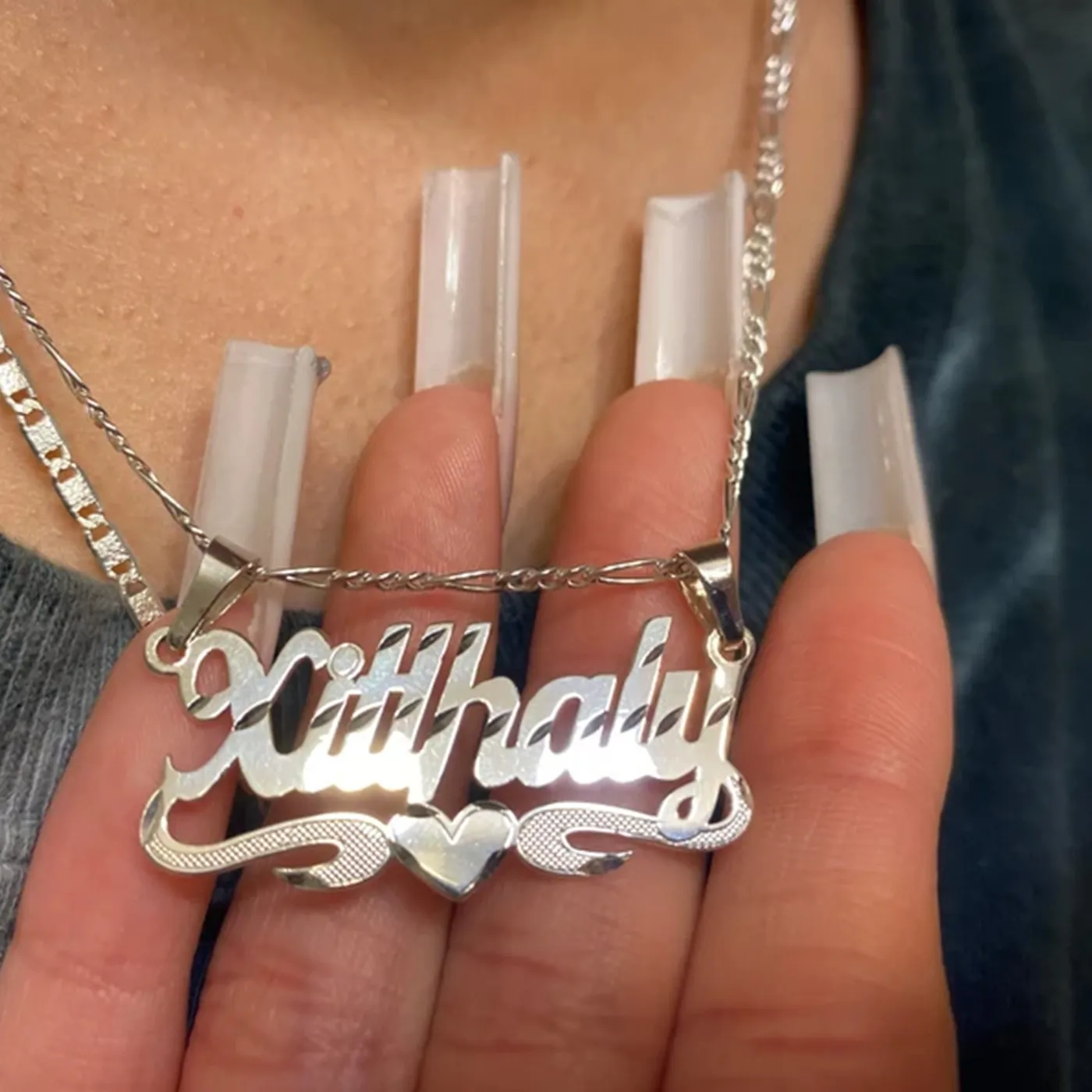 Authentic Zciti Custom Nameplate, Cursive Nameplate Necklace, Diamond cut Finish, Underlining Middle Heart Name, Jewelry For Women