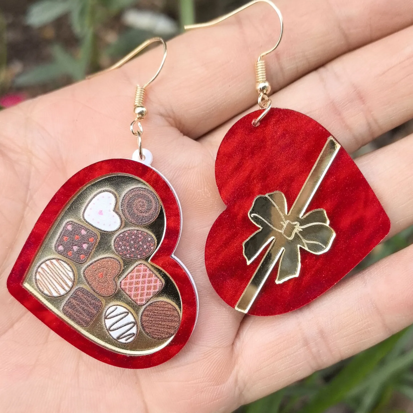 Authentic Glitter Acrylic Earrings for Women Red Love Heart Box Chocolate Present Bow Knot Ear Ring Jewelry Valentine's Day Pendant