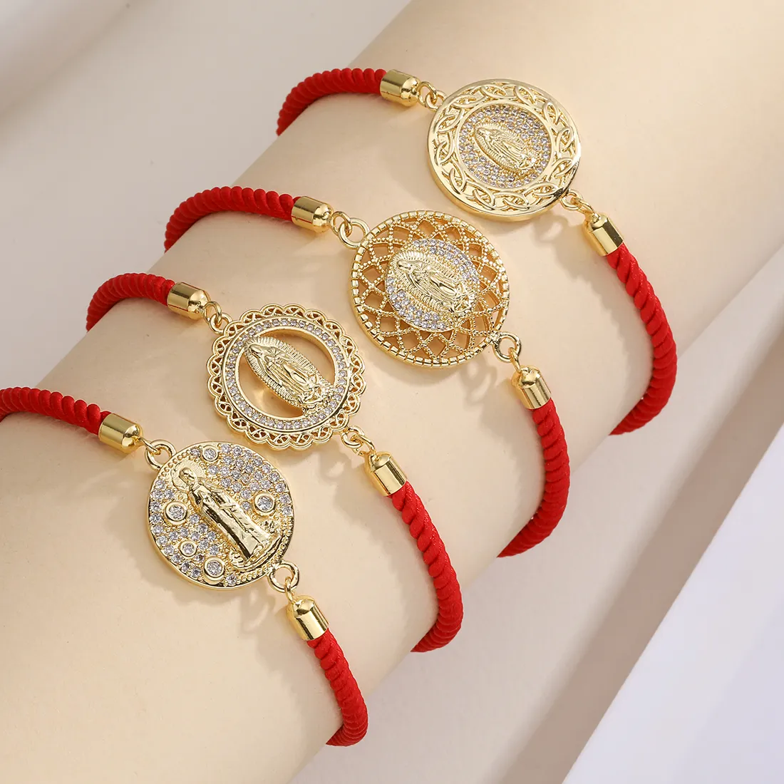 Authentic NEWBUY 2025 Trendy Red String Virgin Mary Charm Bracelets For Women Delicate Shiny AAA CZ Zircon Jewelry