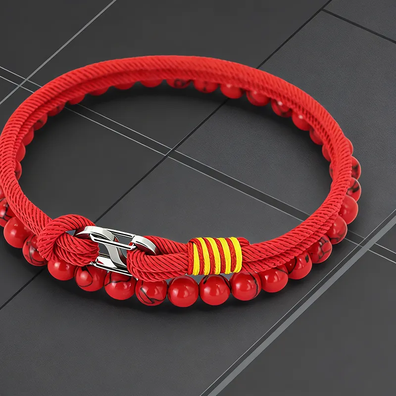 Authentic Business 2Pcs Luck Red Bracelet Set Men 6mm Stone Beads Handmade Nylon String Wristband Valentine Day For Husband Jewelry