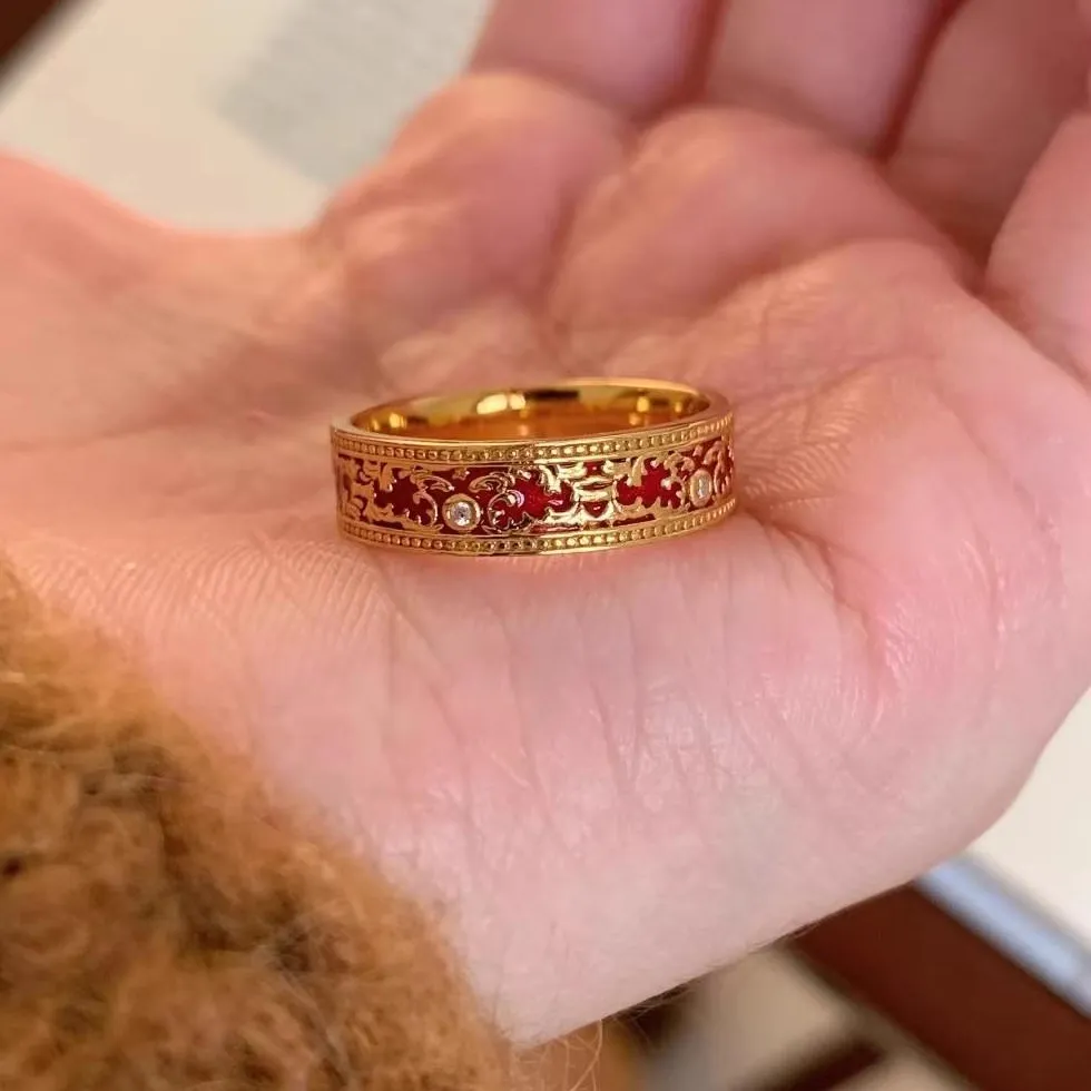 Authentic Vintage in red enamel drip diamonds Ring court style light luxury rings for women gorgeous fine banquet jewelry gifts