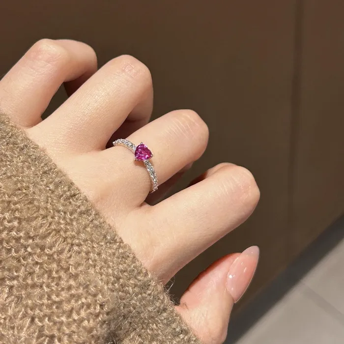 Authentic silver 925 full inlay diamond exquisite ruby heart-shaped rings for women Light luxury suitable for daily jewelry gifts