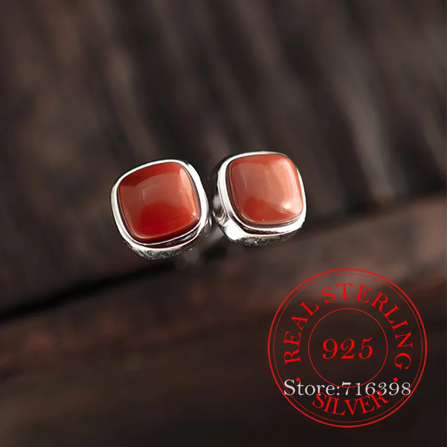 Authentic Korean 925 Sterling Silver Square Red Agate Stud Earrings for Women Wedding Party Jewelry Pendientes Mujer Moda