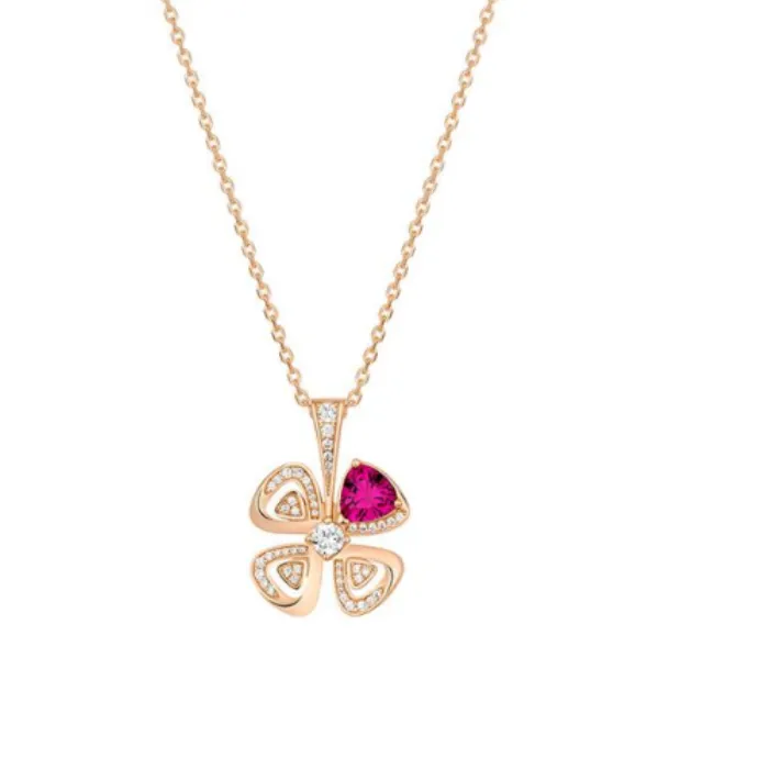 Authentic CAMEO Pendant Chain 925 Silver Synthetic Zircon Champagne Gold Rose Red Diamond Four-petaled Flower Versatile Daily Necklace