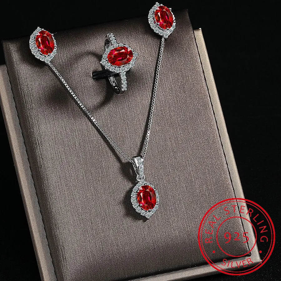 Authentic Oval Egg Shape Created Red Ruby Natural Garnet 925 Sterling Silver Jewelry Set Earring+Necklace+Ring for Women Gemstone Jewelry