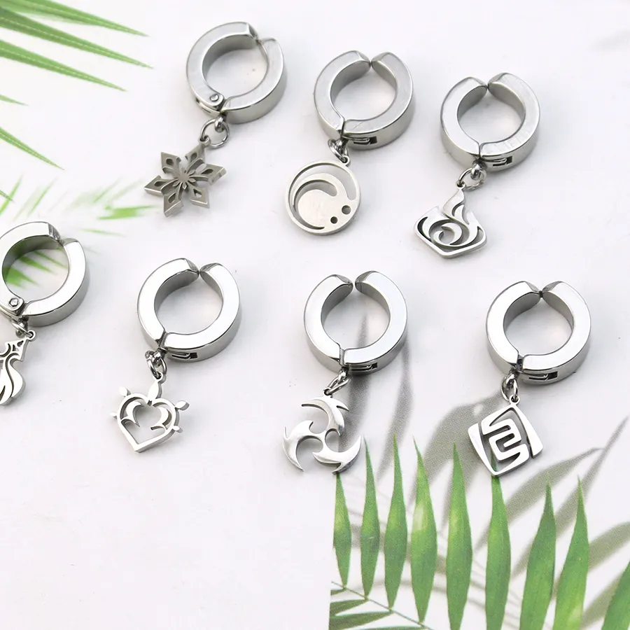Authentic Anime Genshin Impact Ear Clip Men Stainless Steel Hydro Pyro Dendro Anemo Electro Cryo Earrings for Women Cosplay Jewelry