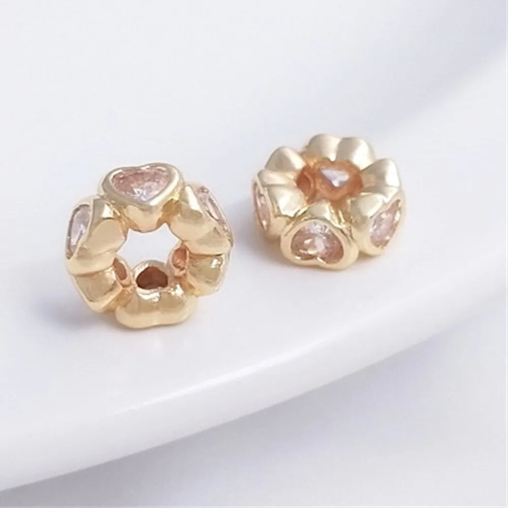 14K Gold- Plated Peach Heart Zircon Separated Bead Ring Heart- Shaped Through- Hole Handcrafted Bracelet Necklace Jewelry Accessori