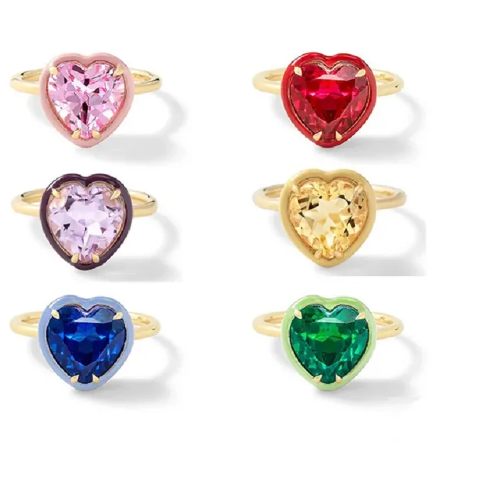 Authentic Colorful Heart Shaped Cubic Zirconia CZ Birthstone Women Finger Rings Gold Plated Neon Enamel Fashion Jewelry