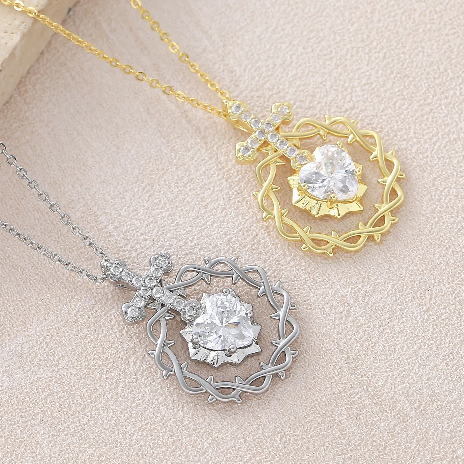 Authentic SUNSLL Best Selling Thorn Cross Heart Shaped Zirconia Necklace Gold Plated Luxury Inspired Niche Design Women's Jewelry Gift