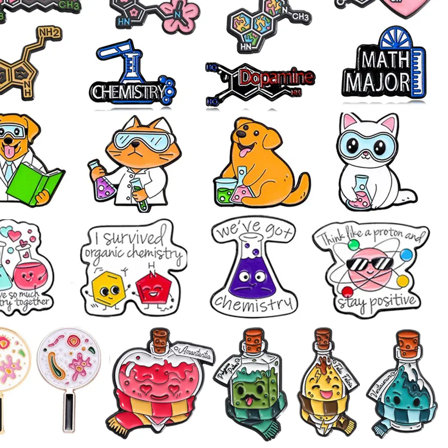 Authentic Creative Science Brooch Chemistry Rainbow Test Tube DNA Microscope Molecular Formula Cat Dog Doctor Badge Punk Lapel Pin Jewelry