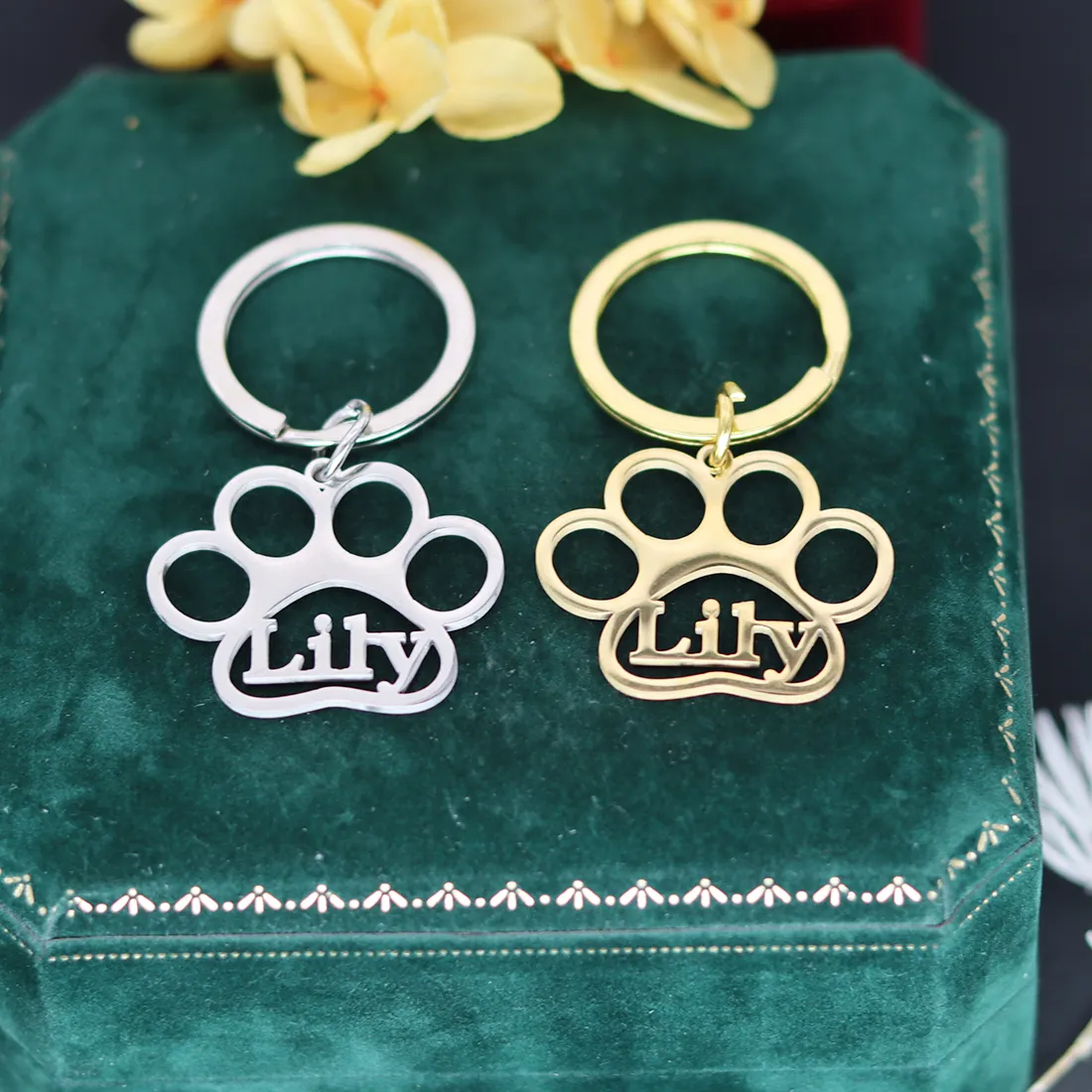 Authentic QIAMNI Pet Dog Custom Name Keychain Footprint Pendant Keyring Memorial Accessories DIY Jewelry Gifts Key Chains
