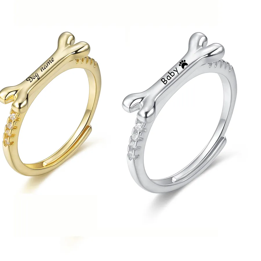 Authentic Custom Dog Name Ring for Women Adjustable Size Ring Personalized Dog Bone Pet Name Rings with Crystal Charm Mother's Day