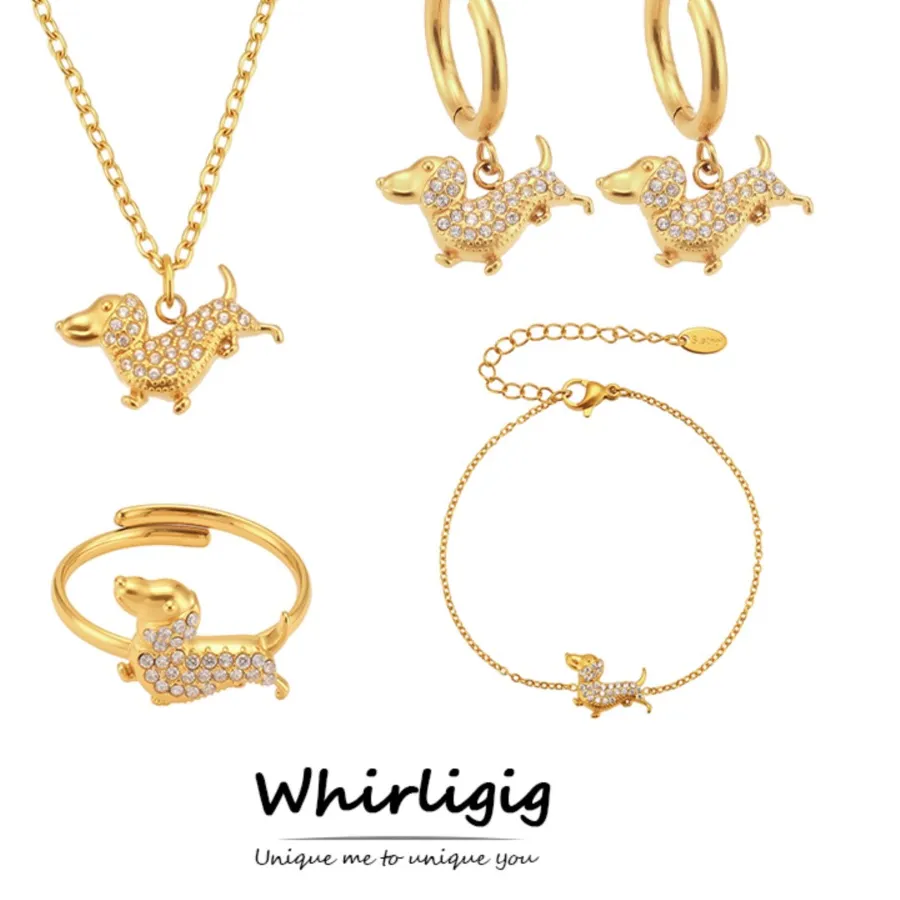 Authentic Dachshund Pendant Necklace Bracelet Earrings Ring 18k Gold Plated Stainless Steel Chain Necklaces Bracelets Dog Charm Earring